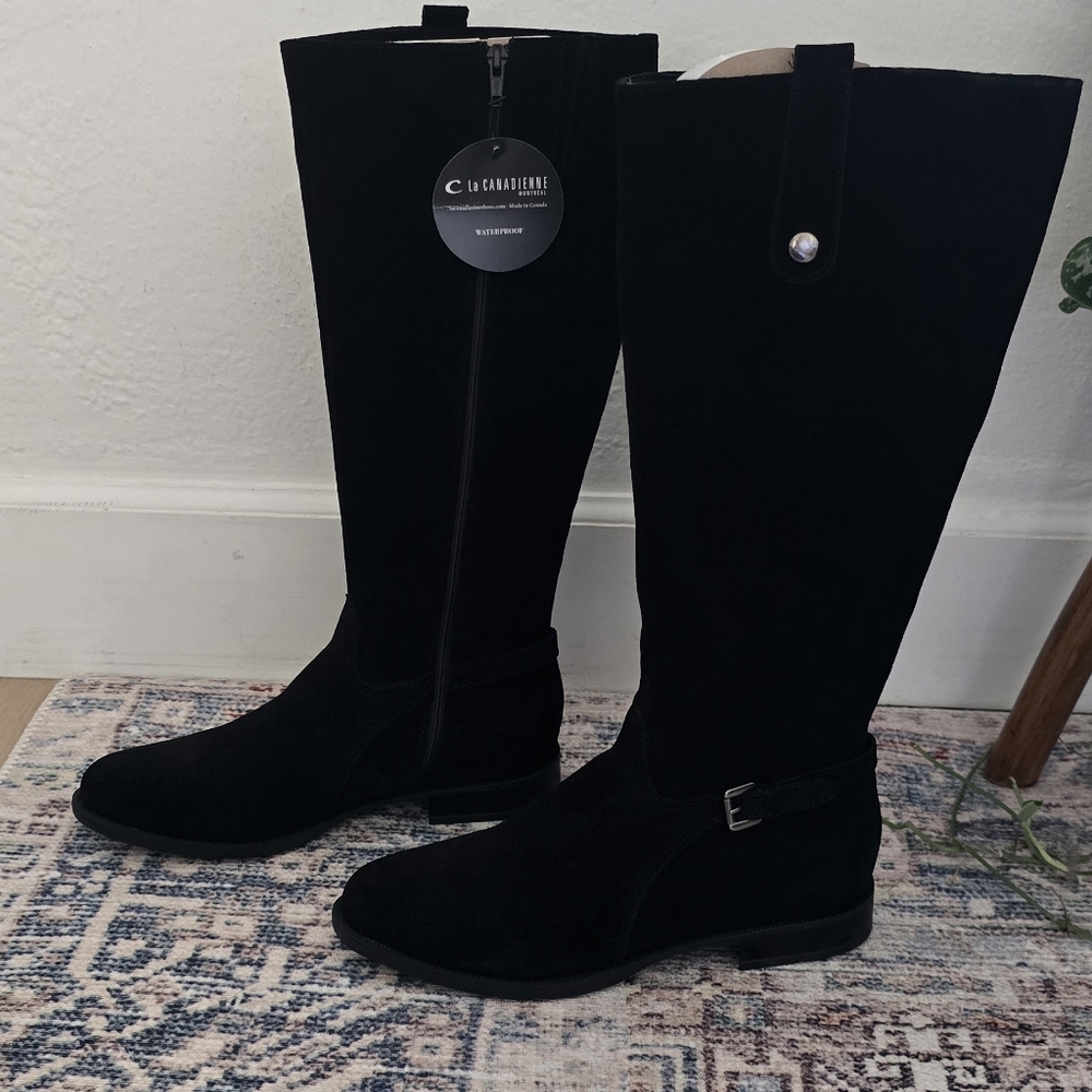 NWT La Canadienne Black Suede Knee-High Riding Boots Waterproof